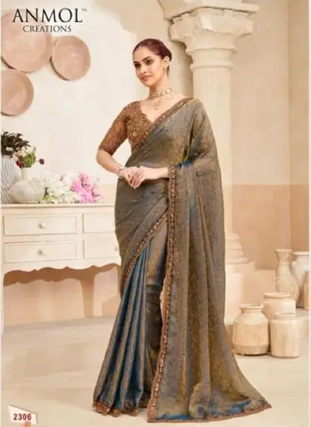 Gold Colour Kaina Vol 4 By Anmol Georgette Shimmer Party Wear Designer Work Sarees Online Wholesale 2306